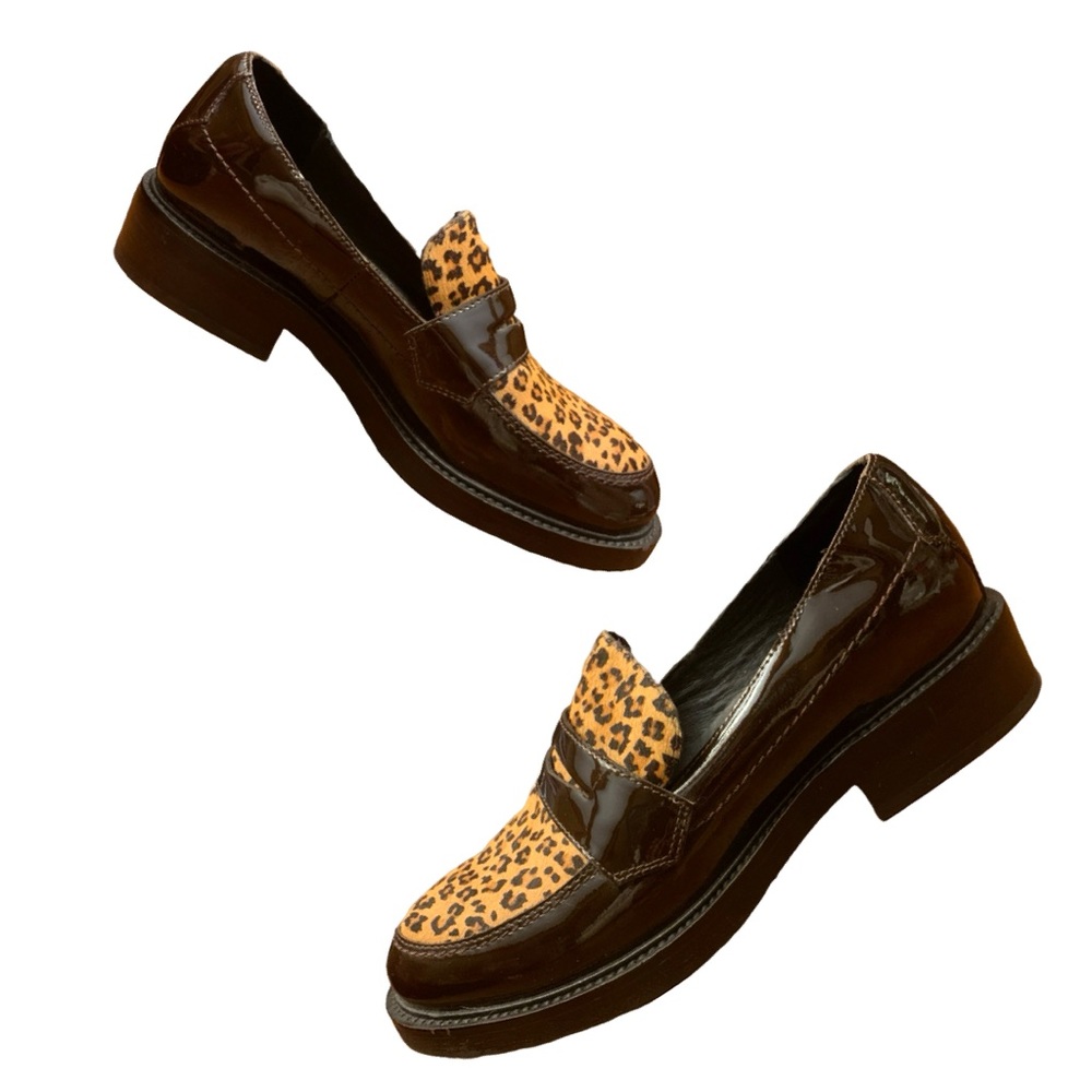 JEFFREY CAMPBELL "HENDRY" PATENT LEATHER & FUR ACCENT OXBLOOD BROWN LOAFERS (7)